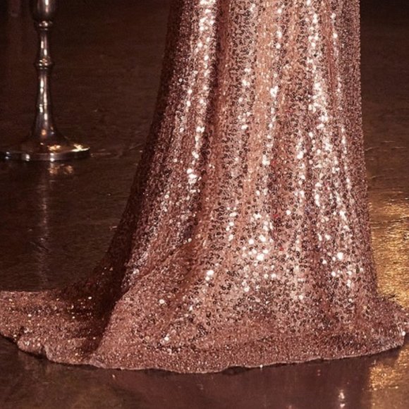 NEW LONG GOLD OFF THE SHOULDER SEQUIN DRESS WITH ZIPPER BACK AND SLIT CD CH167 - Picture 7 of 7